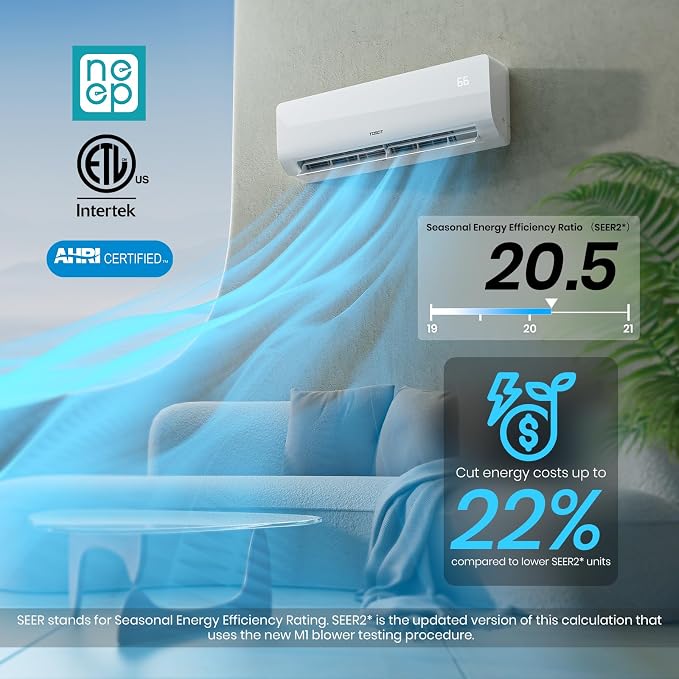 9,000 BTU Mini-Split Air Conditioner and Heating System, 20.5 SEER2 Wifi-Enabled Ductless Inverter AC Unit with 16ft Copper