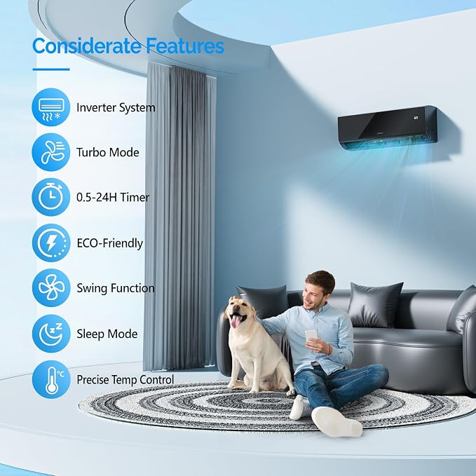 9,000 BTU Mini Split Air Conditioner & Heater, 19 SEER2 115V Energy Saving Inverter Ductless Wall AC Unit with Pre-Charged