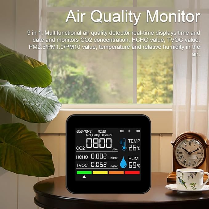 9 in 1 Air Quality Monitor CO2 Meter Carbon Dioxide Detector Time/Date CO2 TVOC HCHO PM2.5 PM1.0 PM10 Temperature Humidity