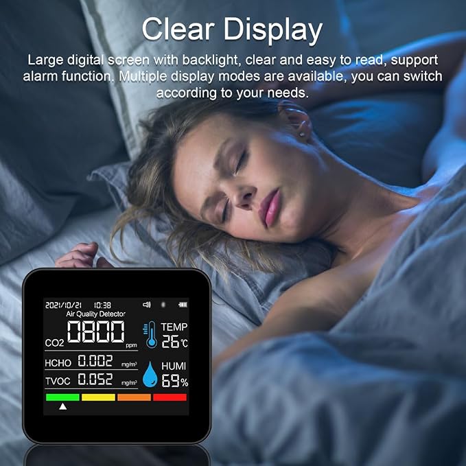9 in 1 Air Quality Monitor CO2 Meter Carbon Dioxide Detector Time/Date CO2 TVOC HCHO PM2.5 PM1.0 PM10 Temperature Humidity