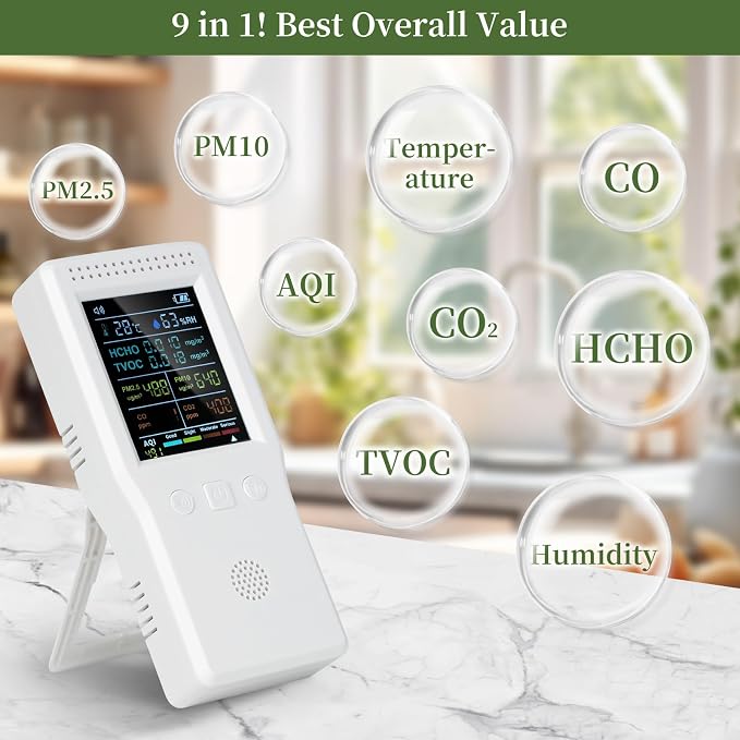 9-in-1 Air Quality Monitor, Indoor Air Quality Meters for PM2.5, PM10, AQI, CO2, CO, TVOC, HCHO, Humidity & Temperature