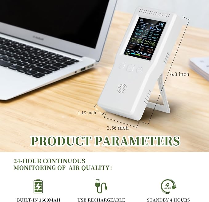 9-in-1 Air Quality Monitor, Indoor Air Quality Meters for PM2.5, PM10, AQI, CO2, CO, TVOC, HCHO, Humidity & Temperature