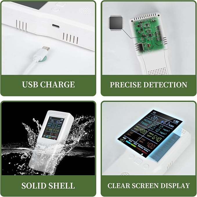 9-in-1 Air Quality Monitor, Indoor Air Quality Meters for PM2.5, PM10, AQI, CO2, CO, TVOC, HCHO, Humidity & Temperature