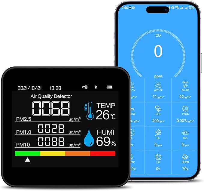 9-in-1 Indoor Air Quality Monitor: Detects PM2.5, PM1.0, PM10, CO2, CO, TVOC, HCHO, Temperature & Humidity for Home, Office