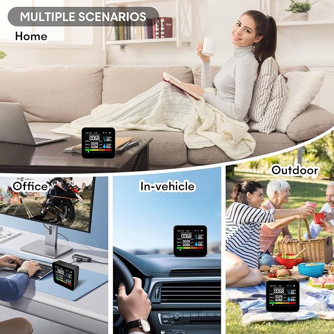 9-in-1 Indoor Air Quality Monitor: Detects PM2.5, PM1.0, PM10, CO2, CO, TVOC, HCHO, Temperature & Humidity for Home, Office