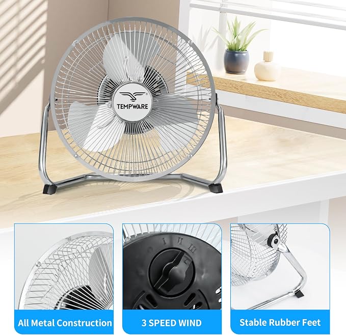 9 inch Floor Fan, 3-Speed Portable Metal Fan with Adjustable Tilt, Quiet Small Cradle Floor Fan for Home, Office, Bedroom