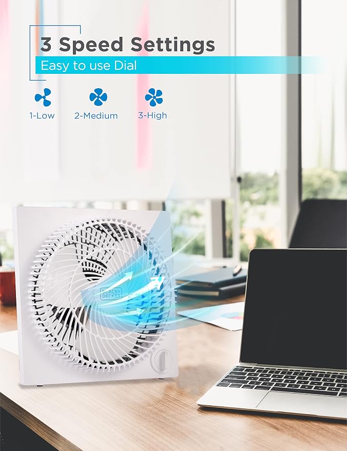 9-Inch Frameless Box Fan, Freestanding Desk Fan with 3-Speed Settings, Portable Fan for Home Office or Garage, alternate