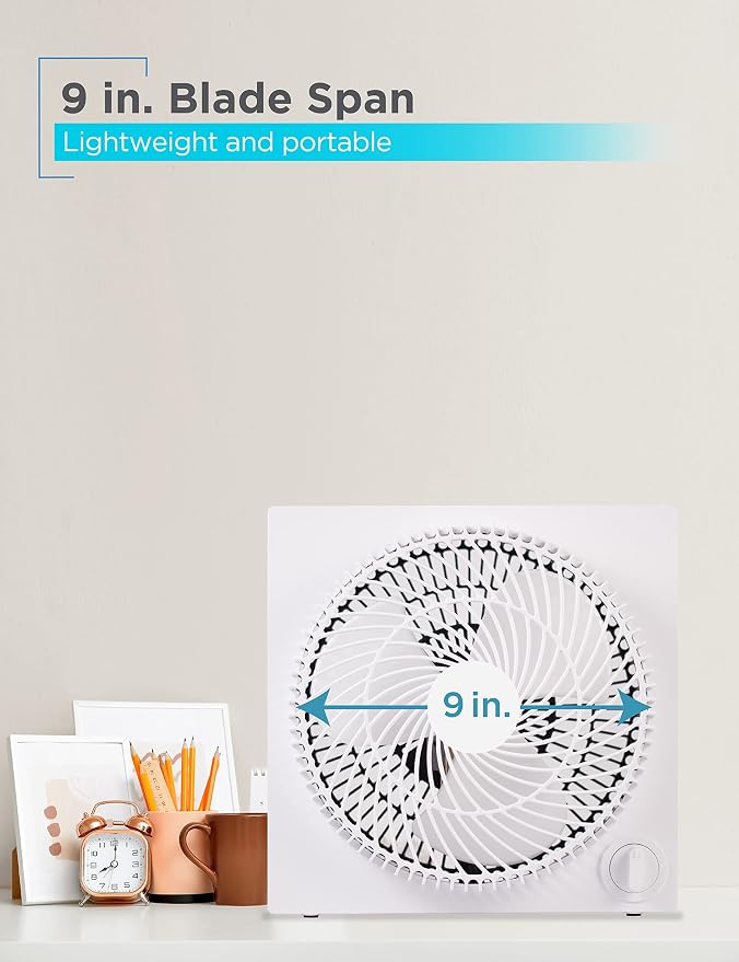 9-Inch Frameless Box Fan, Freestanding Desk Fan with 3-Speed Settings, Portable Fan for Home Office or Garage, alternate