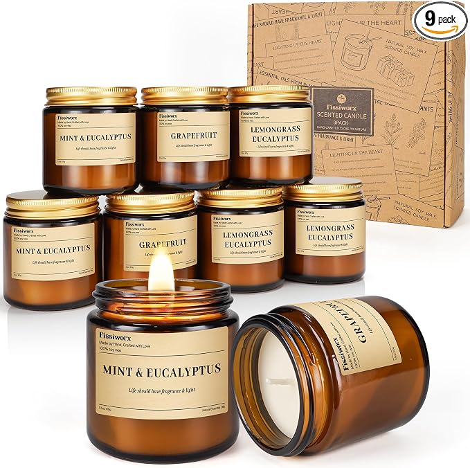 9 Pack Soy Candles for Home Scented |(Mint & Eucalyptus/Lemongrass/Grapefruit ) Long-Lasting 270 Hours, Natural Scented