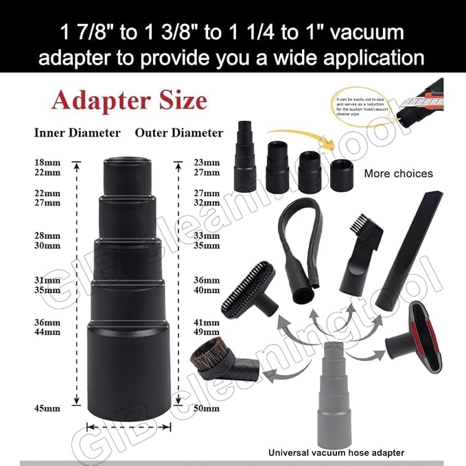 9 Pcs Universal Vacuum Attachments for Accessories with 2 1/2" to 1 1/4" & 1 7/8" to 1" Adapter for, 1 1/4"