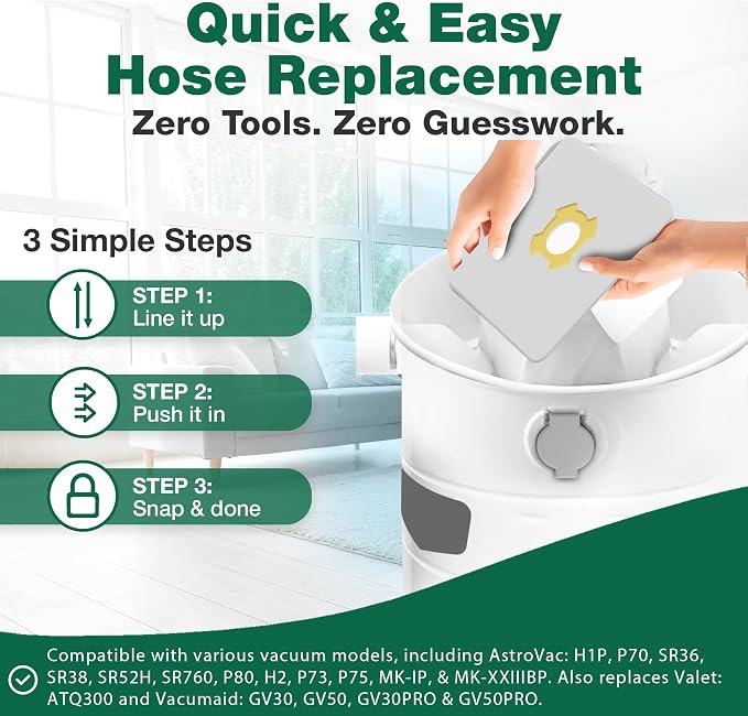 9 Valet & Vacuum Bags Compatible with AstroVac, Part # HPB2HPK & HPB2H, Fits Models: H1P, P70, SR36, SR38, SR52H