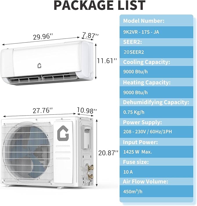 9000 BTU Ductless Mini Split Air Conditioner & Heat Pump – 20 SEER2, Inverter, 230V, WiFi & Alexa Enabled – Quiet, Energy