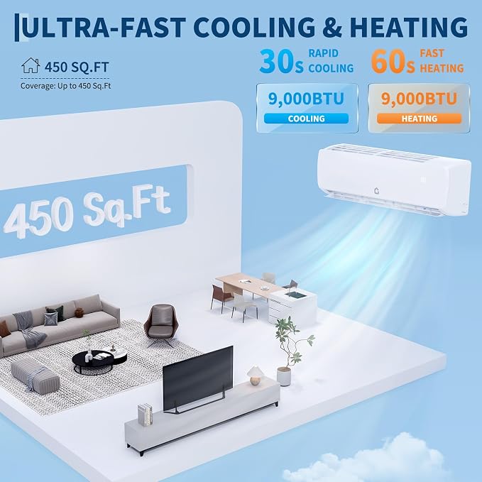 9000 BTU Mini Split AC/Heating System, 19 SEER2 Inverter Split System Air Conditioners, Ductless Wall Mount Heat Pump, AC