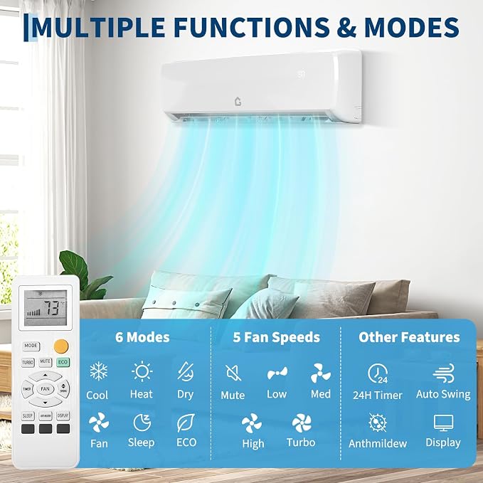 9000 BTU Mini Split AC/Heating System, 19 SEER2 Inverter Split System Air Conditioners, Ductless Wall Mount Heat Pump, AC