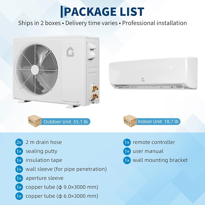 9000 BTU Mini Split AC/Heating System, 19 SEER2 Inverter Split System Air Conditioners, Ductless Wall Mount Heat Pump, AC