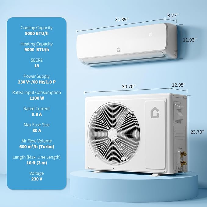 9000 BTU Mini Split AC/Heating System, 19 SEER2 Inverter Split System Air Conditioners, Ductless Wall Mount Heat Pump, AC