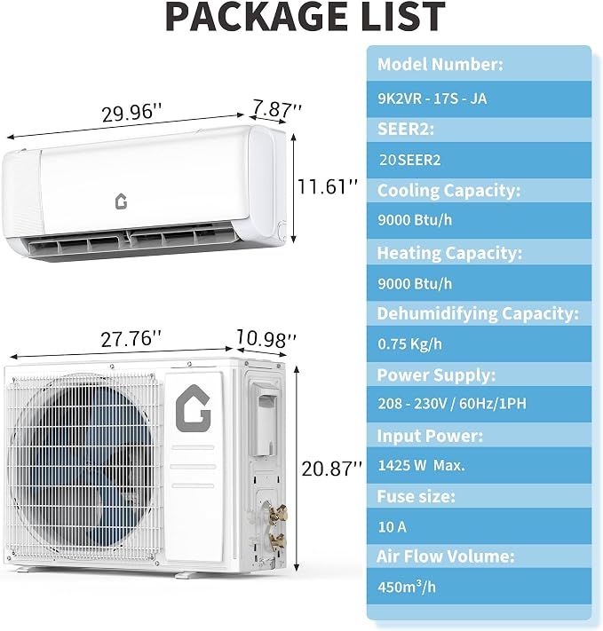 9000 BTU Mini Split AC/Heating System, 20 SEER2 Inverter Ductless Heat Pump, WiFi Wall Mount Split System Air Conditioner, Up