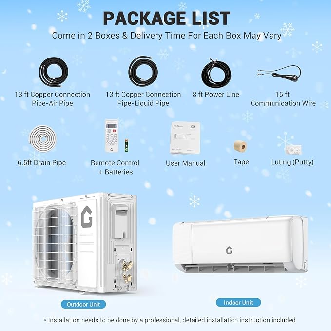 9000 BTU Mini Split AC/Heating System, 20 SEER2 Inverter Ductless Heat Pump, WiFi Wall Mount Split System Air Conditioner, Up