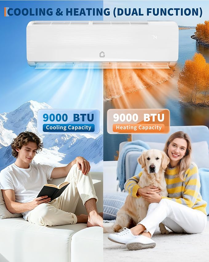 9000 BTU Mini Split Air Conditioner,19 SEER2 Ductless Inverter AC w/ 230V, Cool Up to 450 Sq. Ft with Heat Pump System,White
