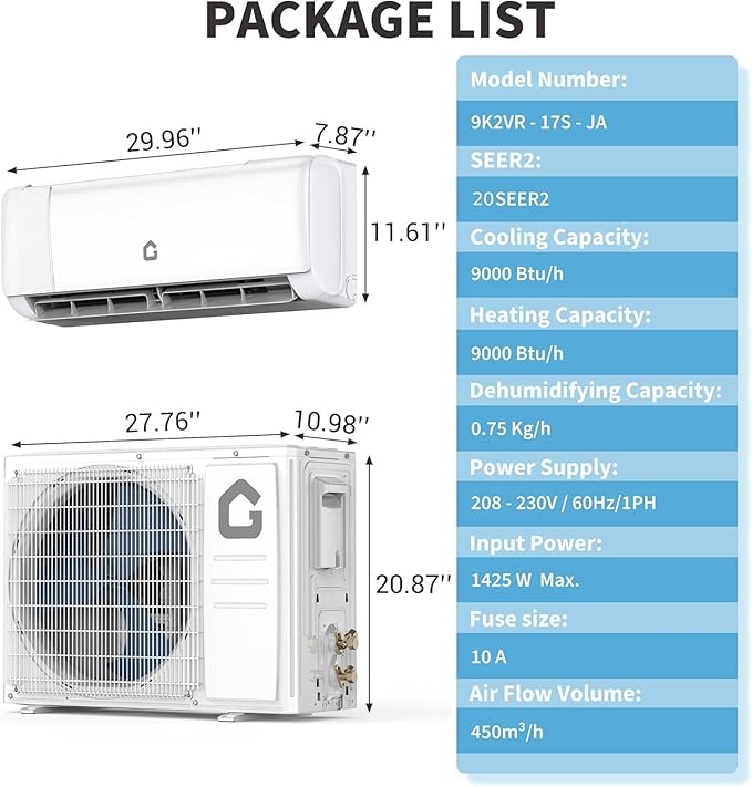 9000 BTU Mini Split Air Conditioner and Heater, 20 SEER2 Ductless Inverter AC with Heat Pump, Self‐Cleaning, Alexa