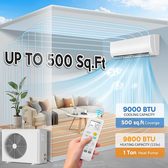 9000 BTU Mini Split Air Conditioner & Heat Pump - 110V/120V Wall Mount Ductless Inverter AC/Heating System - 19 SEER2