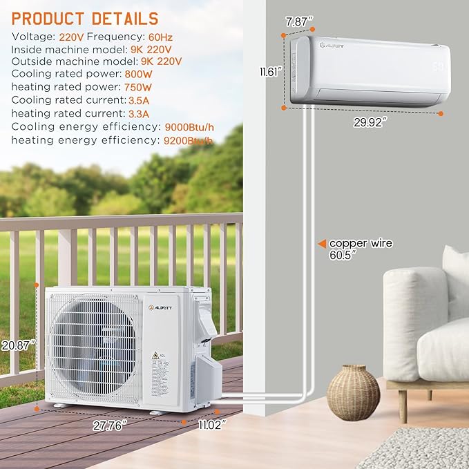 9000 BTU Mini Split Air Conditioner Heat Pump, Inverter Ductless AC, Cools up to 450 Sq. Ft, Energy-Efficient with