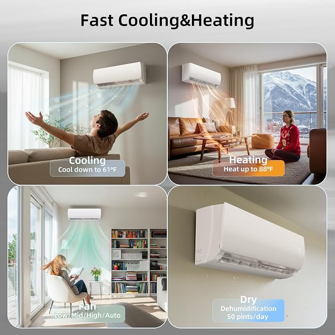 9000BTU Mini Split AC/Heating System, 19 SEER2 Energy Efficient Mini Split Air Conditioner with Heat Pump, 110V Cools Up to