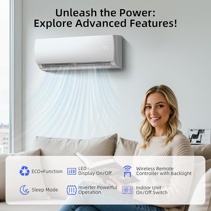 9000BTU Mini Split AC/Heating System, 19 SEER2 Energy Efficient Mini Split Air Conditioner with Heat Pump, 110V Cools Up to