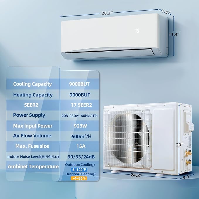 9000BTU Mini Split Air Conditioner& Heater, 17 SEER2 230V Wall-Mounted AC Unit Cools Rooms up to 450 Sq., alternate product