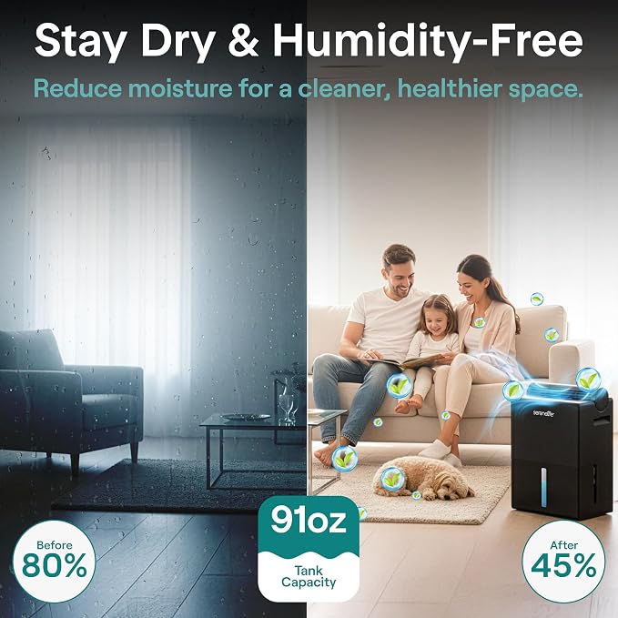 91 OZ Dehumidifier For Home | Covers 1200 SQ FT For Basements, Bedrooms, alternate product view 2