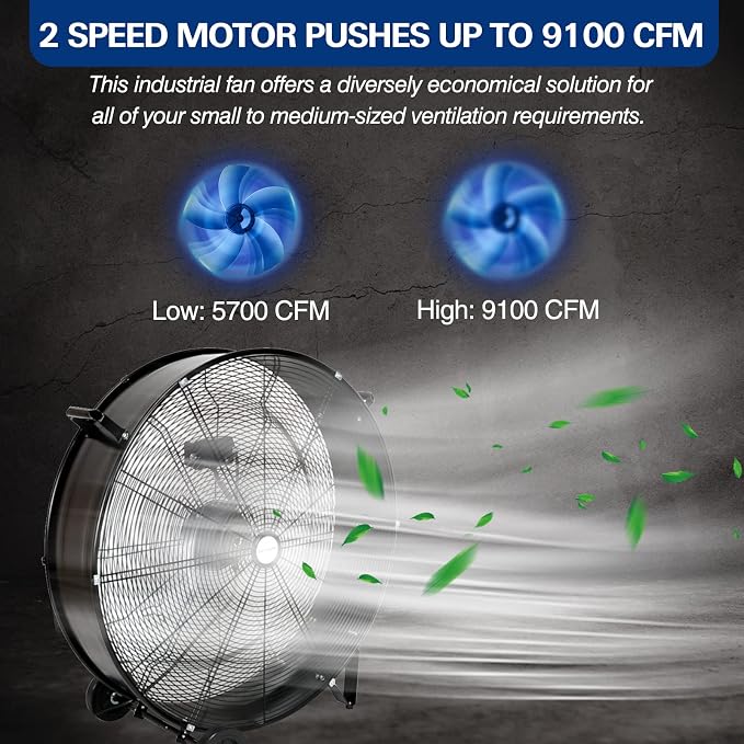 9100 CFM 30" High Velocity Drum Fan, 2-Speed Heavy Duty Industrial Shop Fan for Commercial, Garage, Warehouse, Workshop