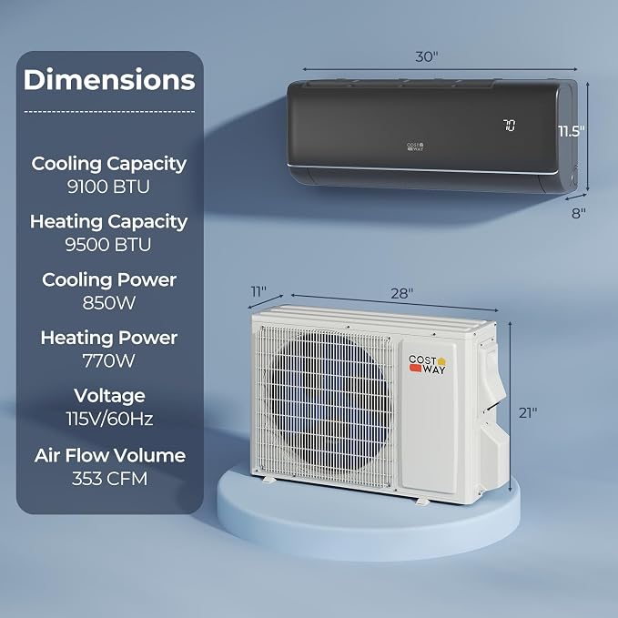 9100BTU Mini Split Air Conditioner& Heater, 20.5 SEER2 115V Inverter Heater Pump System Cools Up to 450 Sq. Ft, Compatible