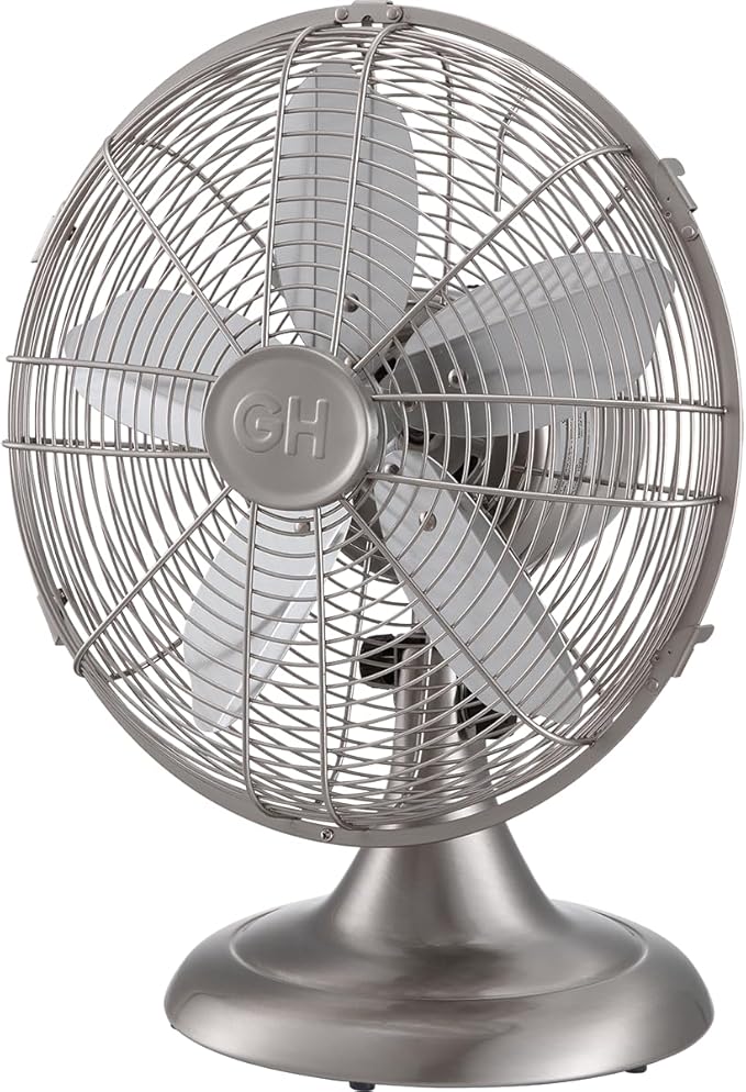 92605 All-Metal 12" Retro Desk Office Table Fan with Wide Oscillation, 3-Speed Settings & Carrying Handle, Brushed Nickel