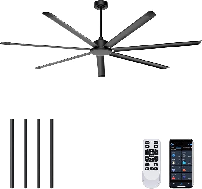 96'' Ceiling Fan No Light, Black Industrial Ceiling Fan with Remote/APP, 7 Aluminum Blades, 17500 CFM DC Motor for Warehouse