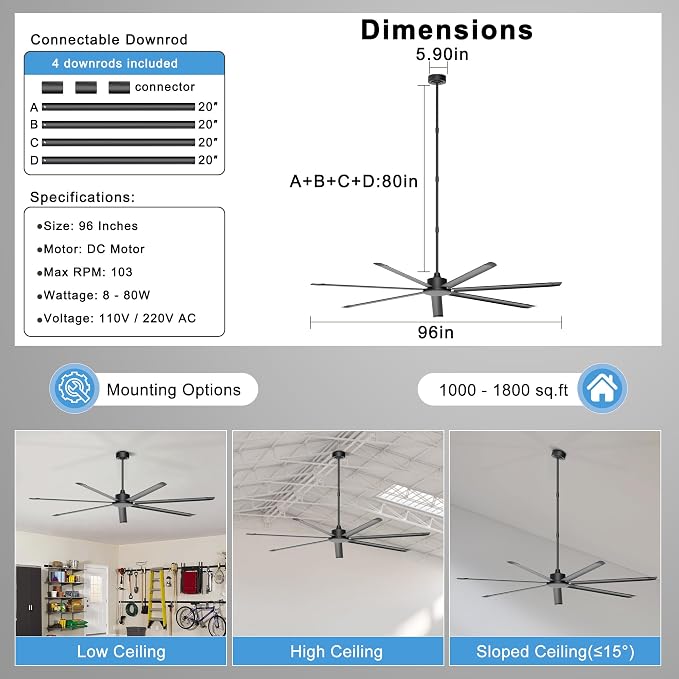 96'' Ceiling Fan No Light, Black Industrial Ceiling Fan with Remote/APP, 7 Aluminum Blades, 17500 CFM DC Motor for Warehouse