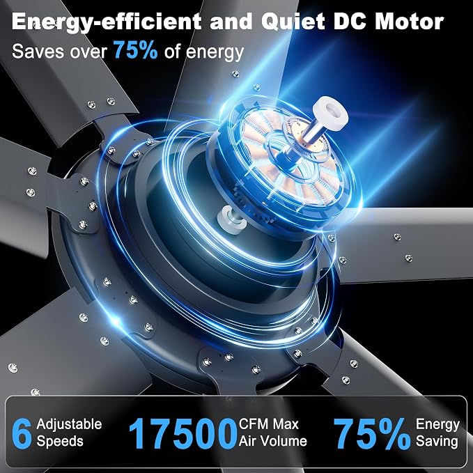 96'' Ceiling Fan No Light, Black Industrial Ceiling Fan with Remote/APP, 7 Aluminum Blades, 17500 CFM DC Motor for Warehouse