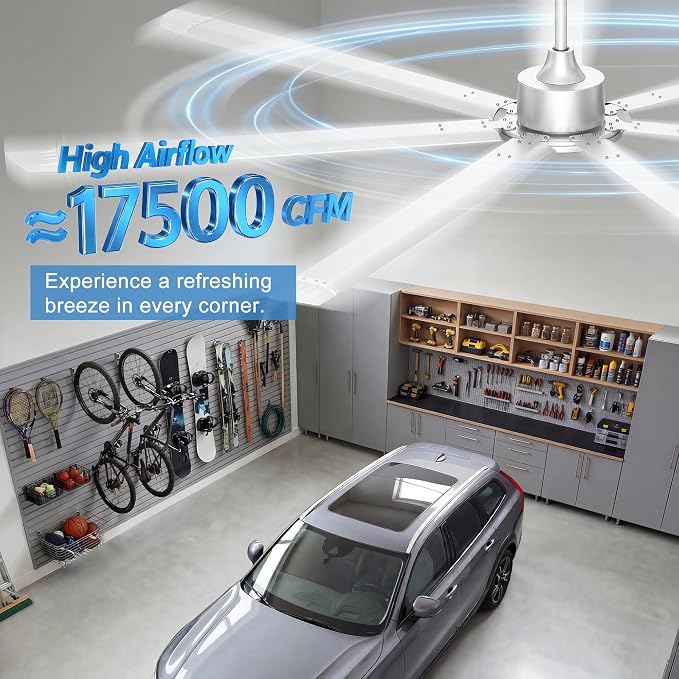 96'' Ceiling Fan No Light, Silver Industrial Ceiling Fan with Remote/APP, 7 Aluminum Blades, 17500 CFM DC Motor for