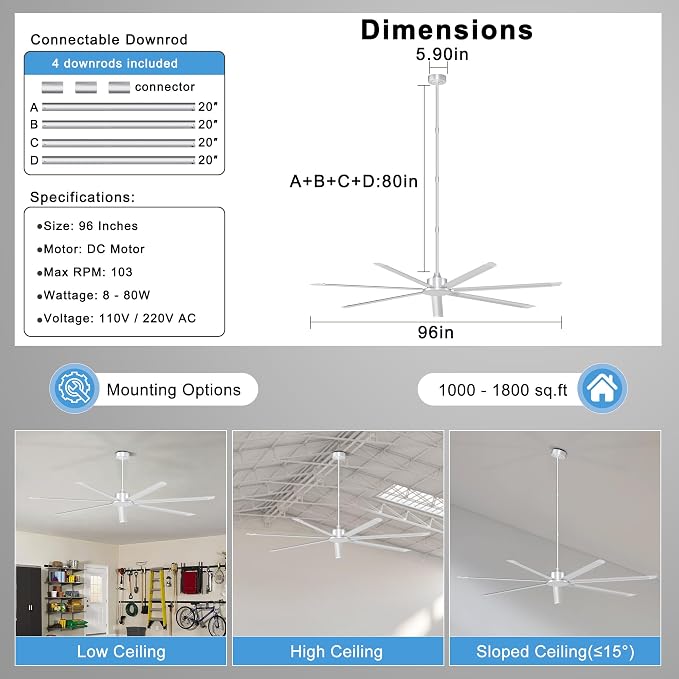 96'' Ceiling Fan No Light, Silver Industrial Ceiling Fan with Remote/APP, 7 Aluminum Blades, 17500 CFM DC Motor for