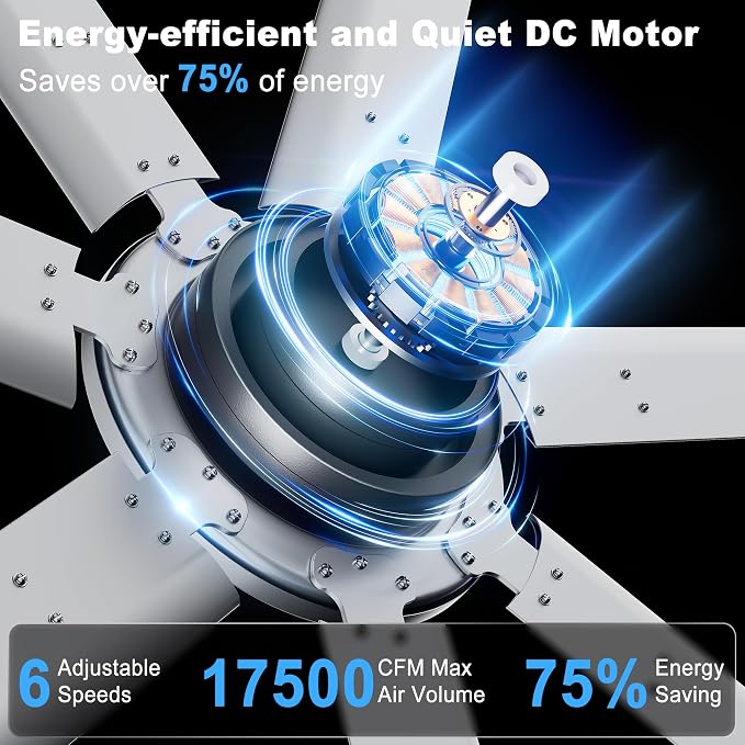 96'' Ceiling Fan No Light, Silver Industrial Ceiling Fan with Remote/APP, 7 Aluminum Blades, 17500 CFM DC Motor for
