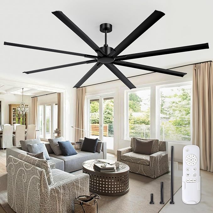 96 Inch Ceiling Fans No Light, Large Industrial Ceiling Fan with 8 Aluminium Blades, Quiet DC Motor, 6 Speeds, Modern Ceiling