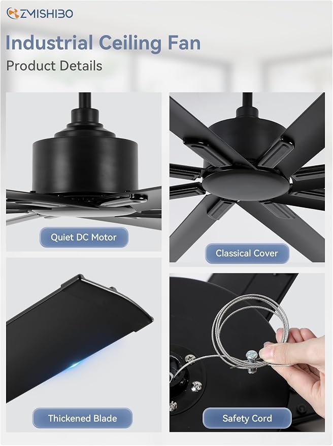 96 Inch Ceiling Fans No Light, Large Industrial Ceiling Fan with 8 Aluminium Blades, Quiet DC Motor, 6 Speeds, Modern Ceiling