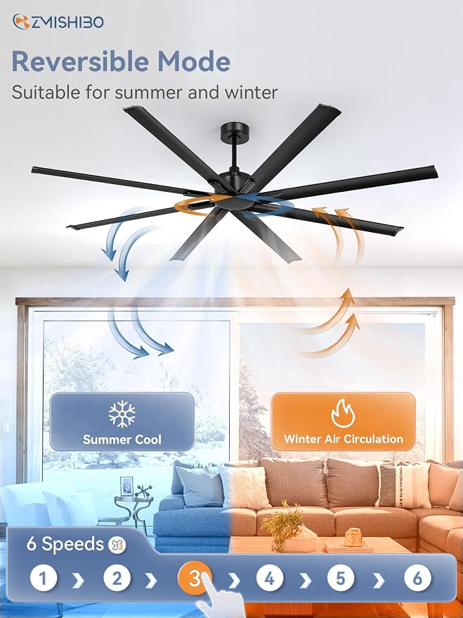 96 Inch Ceiling Fans No Light, Large Industrial Ceiling Fan with 8 Aluminium Blades, Quiet DC Motor, 6 Speeds, Modern Ceiling