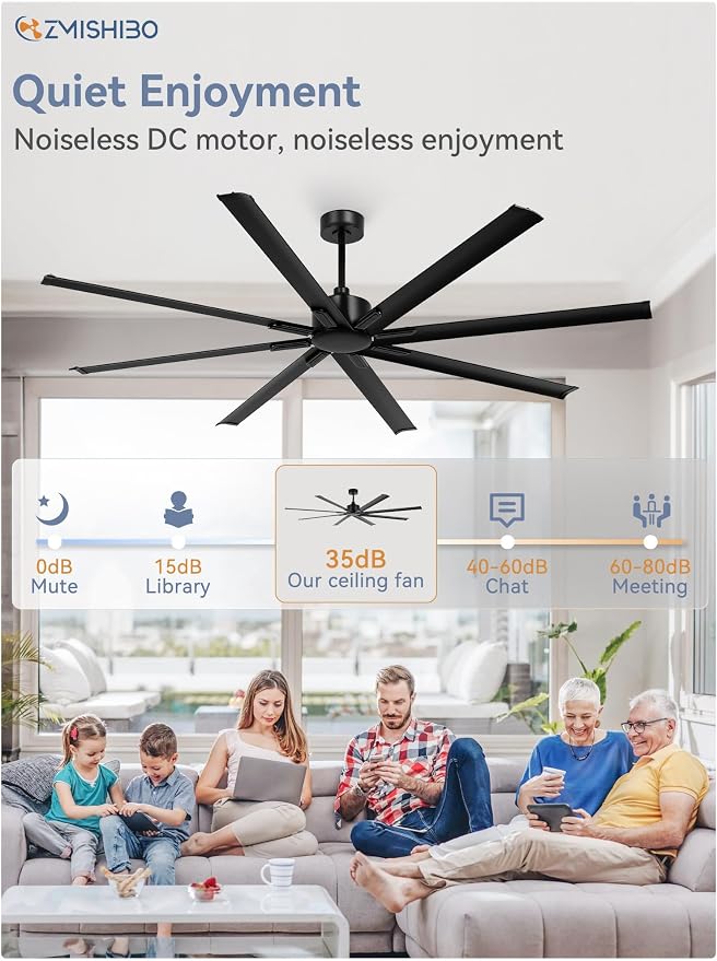96 Inch Ceiling Fans No Light, Large Industrial Ceiling Fan with 8 Aluminium Blades, Quiet DC Motor, 6 Speeds, Modern Ceiling