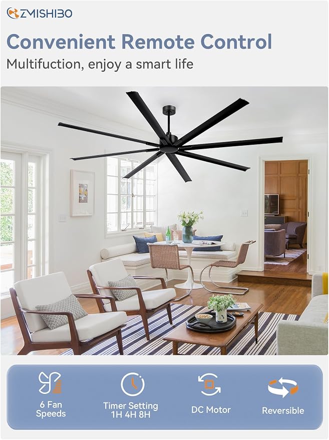 96 Inch Ceiling Fans No Light, Large Industrial Ceiling Fan with 8 Aluminium Blades, Quiet DC Motor, 6 Speeds, Modern Ceiling