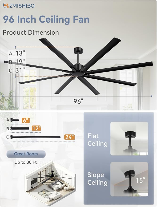 96 Inch Ceiling Fans No Light, Large Industrial Ceiling Fan with 8 Aluminium Blades, Quiet DC Motor, 6 Speeds, Modern Ceiling