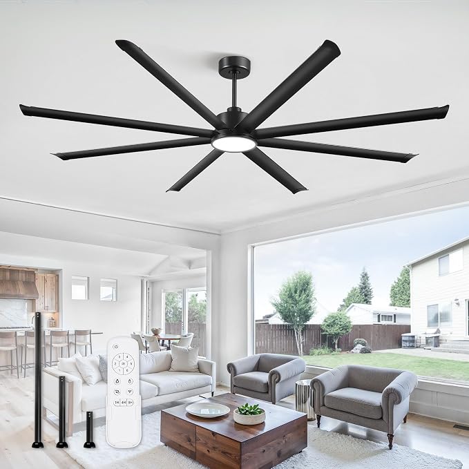 96 Inch Ceiling Fans with Lights, Large Indoor/Outdoor Industrial Ceiling Fan with 8 Aluminum Reversible Blades, Quiet DC