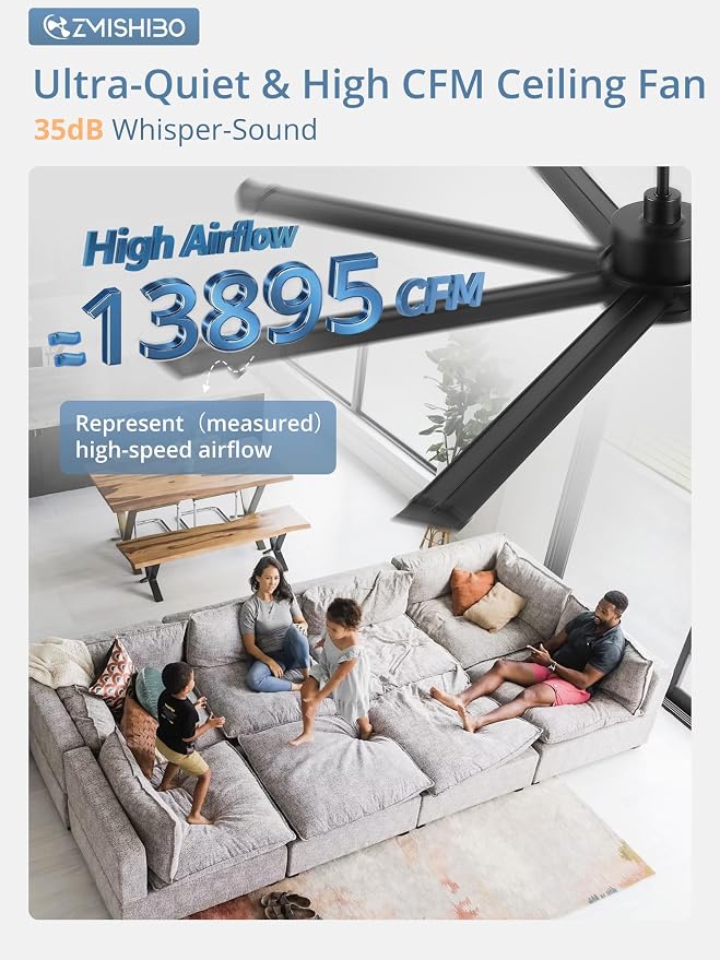 96 Inch Ceiling Fans with Lights, Large Indoor/Outdoor Industrial Ceiling Fan with 8 Aluminum Reversible Blades, Quiet DC