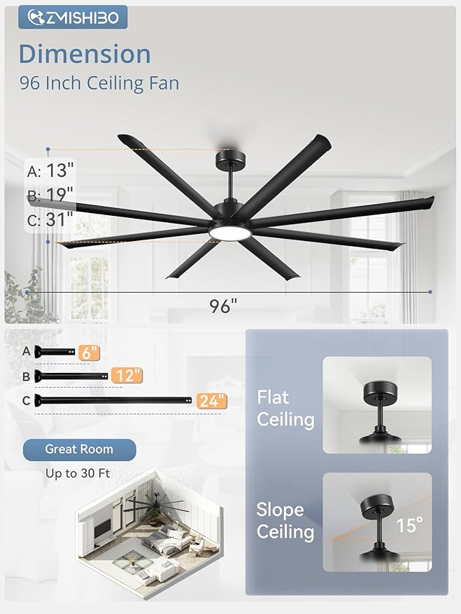 96 Inch Ceiling Fans with Lights, Large Indoor/Outdoor Industrial Ceiling Fan with 8 Aluminum Reversible Blades, Quiet DC