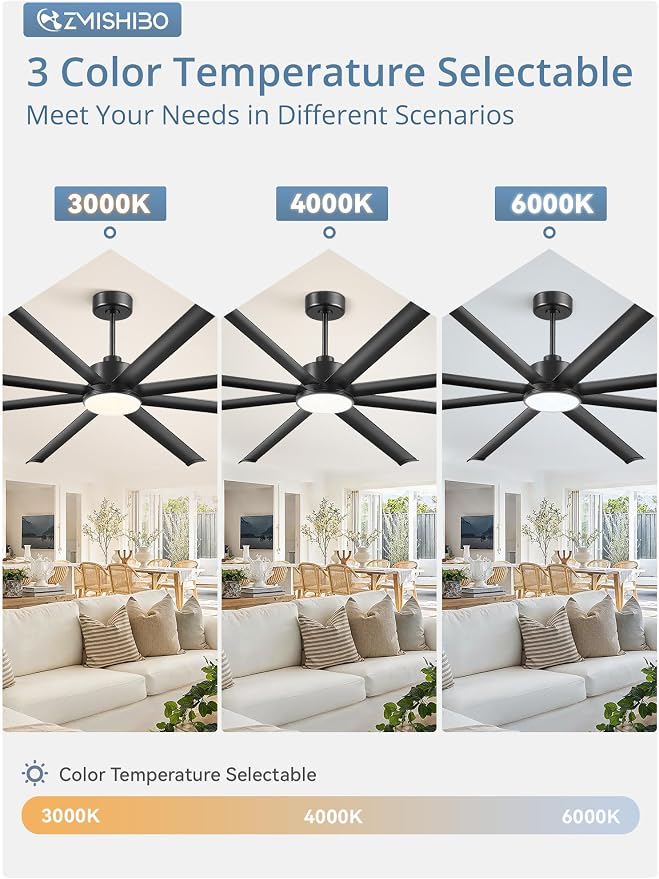 96 Inch Ceiling Fans with Lights, Large Indoor/Outdoor Industrial Ceiling Fan with 8 Aluminum Reversible Blades, Quiet DC