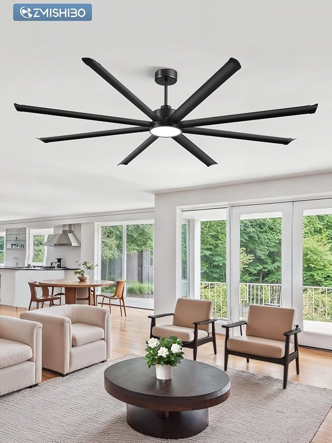 96 Inch Ceiling Fans with Lights, Large Indoor/Outdoor Industrial Ceiling Fan with 8 Aluminum Reversible Blades, Quiet DC